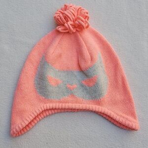Crazy 8 pink/peach knit pom pom beanie with shimmer silver cat mask